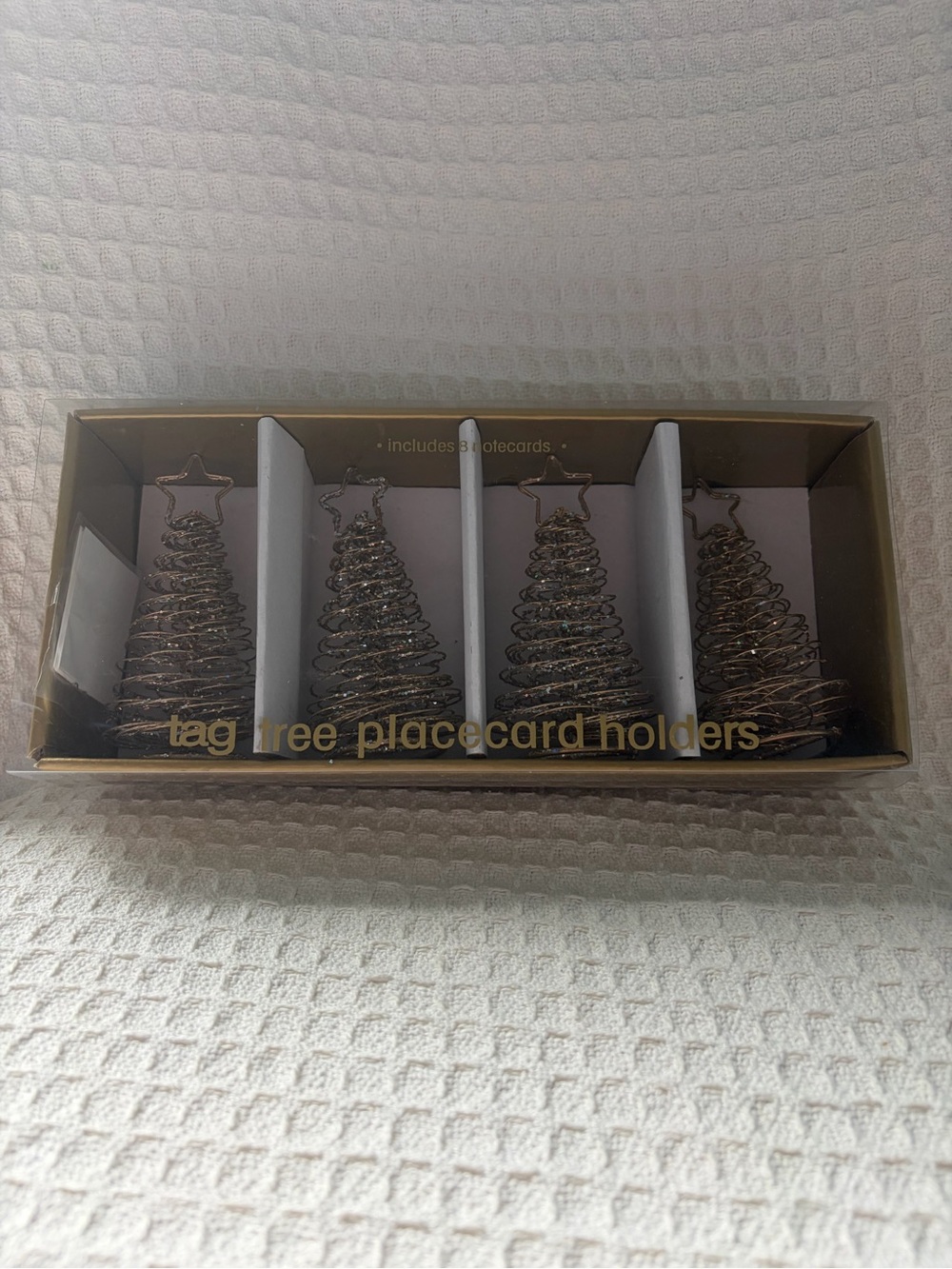 Set/4 Gold Metal Spiral Christmas Tree Placecard Holders With Glitter & 8 Cards